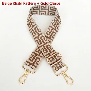 Detail of adjustable beige and khaki canvas strap with gold metal hooks and geometric pattern