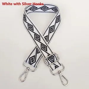 Detail of adjustable nylon strap with black and white geometric pattern and silver hook
