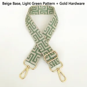 Detail of adjustable beige and light green canvas strap with gold metal spring hooks