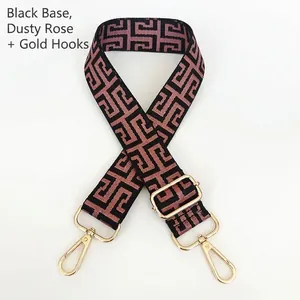 Detail of adjustable black and pink geometric canvas strap with gold metal hooks