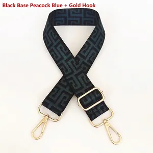 Close-up of adjustable peacock blue geometric jacquard bag strap with gold hooks