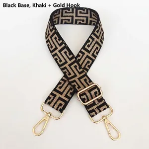 Detail of adjustable geometric strap with khaki pattern and gold lobster clasp for bags