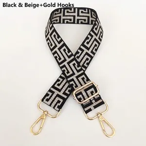 Detail showing adjustable canvas strap with Greek key pattern and gold lobster clasps