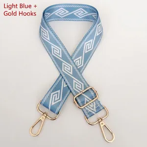 Detail of light blue wide woven strap with white diamond pattern and gold metal hooks