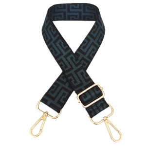 Adjustable crossbody shoulder strap with blue geometric maze pattern and gold hardware
