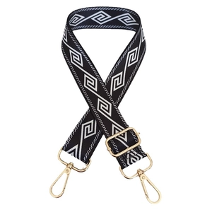 Adjustable black and white geometric wide nylon strap with golden metal swivel hooks