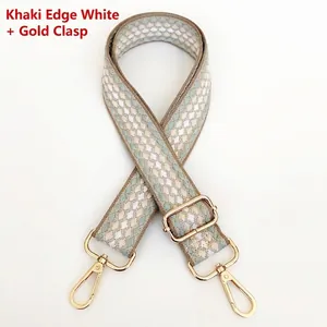 Detail of adjustable khaki and green plaid wide replacement strap with gold metal hooks