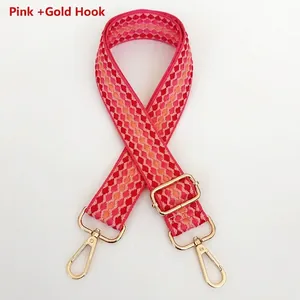 Pink checkered patterned wide shoulder strap for handbags with gold metal lobster clasps