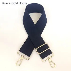 Close-up of adjustable blue canvas strap with gold metal lobster swivel hooks