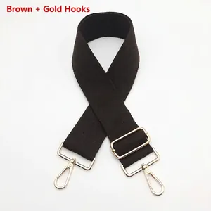 Detail of adjustable dark coffee canvas strap with reinforced gold-tone metal buckles