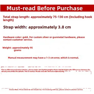 Detailed size specifications for adjustable ethnic canvas bag strap with gold hardware