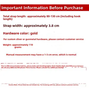 Detail of adjustable bag strap size parameters, width 3.8cm, length 80-130cm with gold hardware