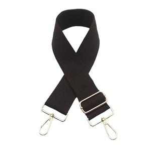 Adjustable black canvas shoulder strap with gold metal lobster clasps for handbags