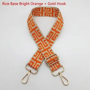 Detail of adjustable woven canvas strap with geometric orange pattern and gold hardware