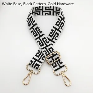 Adjustable black and white geometric canvas bag strap with gold metal lobster clasps