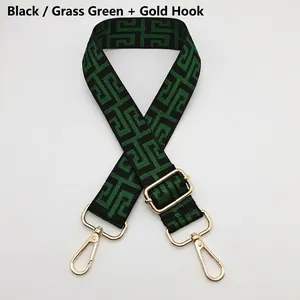 Detail of adjustable canvas purse strap with green Greek Key pattern and gold hardware