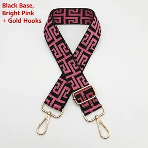 Detail of colorful ethnic canvas bag strap with golden metal lobster clasps and buckles