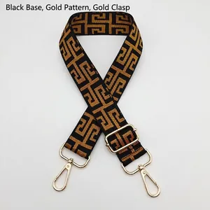 Detail of colorful ethnic canvas bag strap with yellow patterns and gold metal buckles