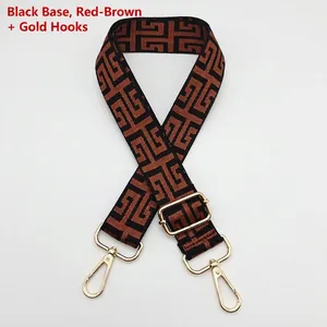 Detail of adjustable canvas strap with geometric jacquard pattern and gold metal hooks