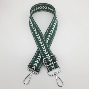 Detail of adjustable nylon bag strap with arrow pattern and silver swivel hooks