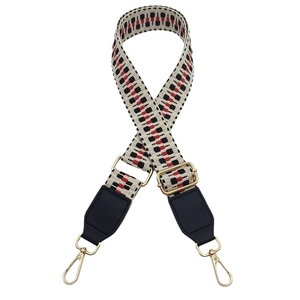 Adjustable woven replacement bag strap with red geometric pattern and gold metal hooks