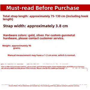 Adjustable 3.8cm wide replacement bag strap with length from 75 to 130cm and metal hooks