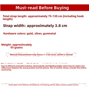 Detailed chart showing 75-130cm adjustable bag strap length and 3.8cm width specs