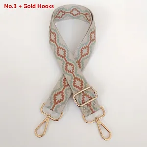 Close-up of beige woven shoulder strap with brown and green geometric diamond patterns