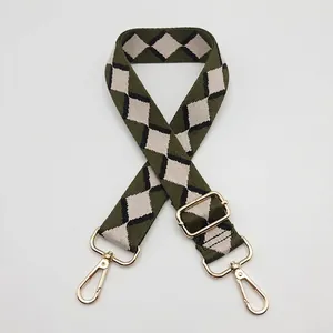 Detail of wide argyle pattern replacement strap with gold metal rotating hooks