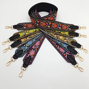 Ethnic style wide shoulder straps with bohemian embroidery and gold metal lobster clasps
