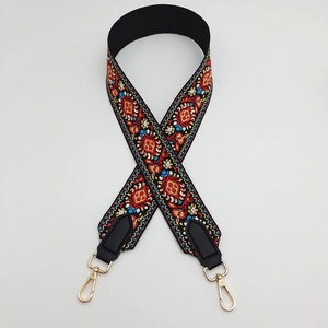Ethno style embroidered wide shoulder strap with floral patterns and gold metal clasps