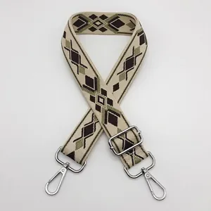 Close-up of wide ethnic geometric shoulder strap with silver rotating swivel hook