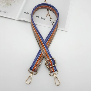 Adjustable colorful striped woven canvas bag strap with golden metal snap hooks