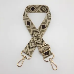 Macro detail of wide woven strap with geometric pattern and golden swivel metal hook