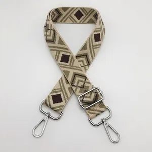 Close-up of geometric woven strap No.11 with silver metal hooks and adjustable buckle