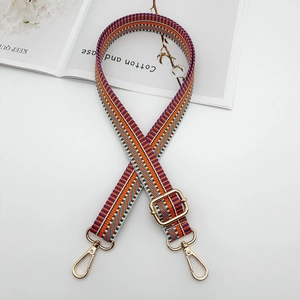 Adjustable woven canvas shoulder strap with colorful stripes and gold metal hooks