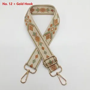 Detail view of Bohemian style wide bag strap with gold hooks and geometric pattern