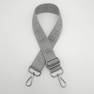 Adjustable wide canvas shoulder strap with grey Greek key pattern and silver hardware