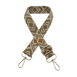 Wide woven bag strap with geometric patterns and gold metal hooks for shoulder bags