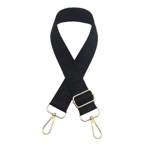 Adjustable wide black canvas bag strap with golden hardware and jacquard pattern