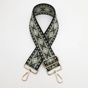 Detail of adjustable wide nylon shoulder strap with geometric diamond embroidery and gold hardware