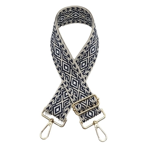 Adjustable geometric diamond woven strap in navy and cream with gold metal clips