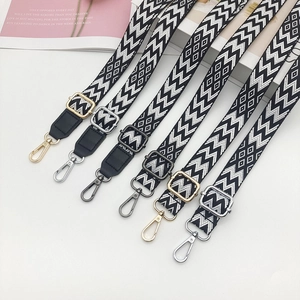 Adjustable Embroidered Geometric Bag Strap Replacement Polyester Webbing Shoulder Strap With Leather Ends Metal Buckles For Women Crossbody Tote Bag