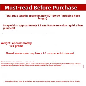 Detailed size guide for adjustable 3.8cm wide canvas woven crossbody bag strap hardware