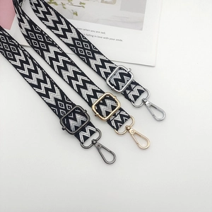 Adjustable 2.5cm black and white embroidered canvas shoulder strap with metal buckles