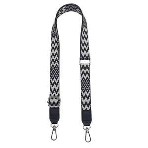 Adjustable black and white geometric pattern canvas shoulder strap with silver hooks