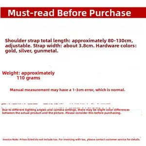Detailed size chart showing adjustable 80-130cm length and 3.8cm width of nylon shoulder strap