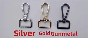 Detailed view of metal swivel lobster clasps in silver, gold, and gunmetal finishes