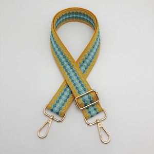 Adjustable wide woven shoulder strap for bags with yellow geometric plaid pattern