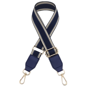 Adjustable wide canvas bag strap with navy blue pattern and gold metal buckles